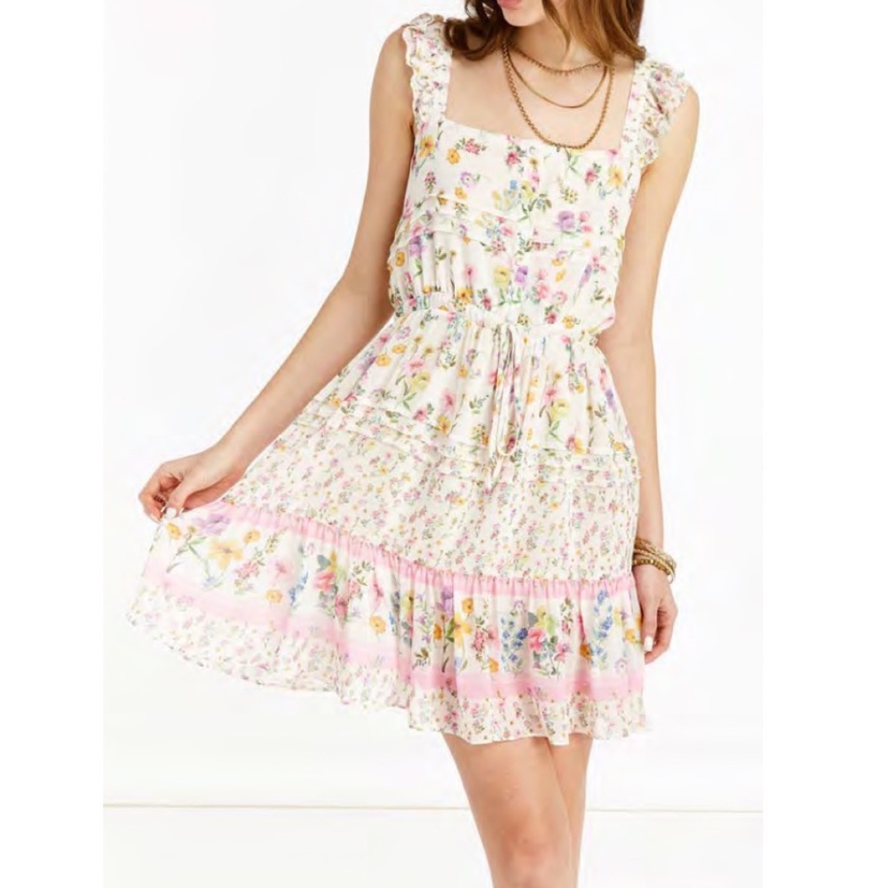 [NWT] Boho Cream Pink Floral Print Button Front Ruffle Short Dress Orig$218 Sz S